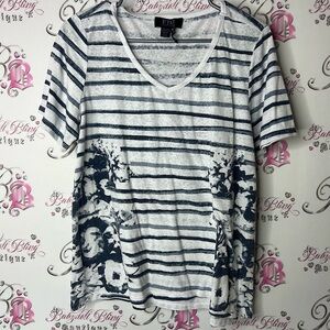 FDJ tshirt tee stripes Striped Floral Women's Top - Black and White